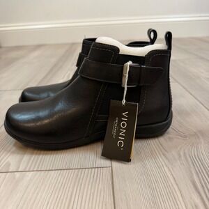 NEW Vionic Adrie Black Leather Ankle Boots Orthaheel Comfort Booties Size 7.5